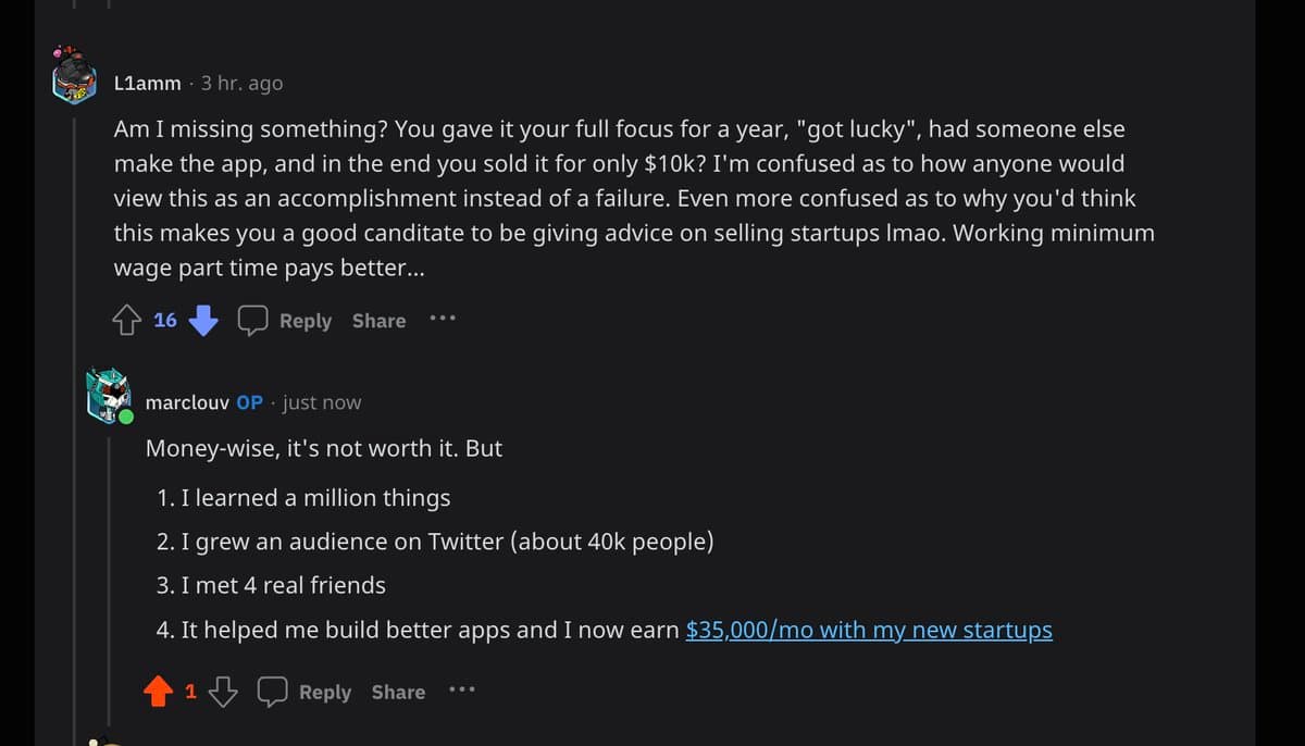 This is why most people never make it... I shared my learnings on Reddit about selling a startup and got roasted: "1…