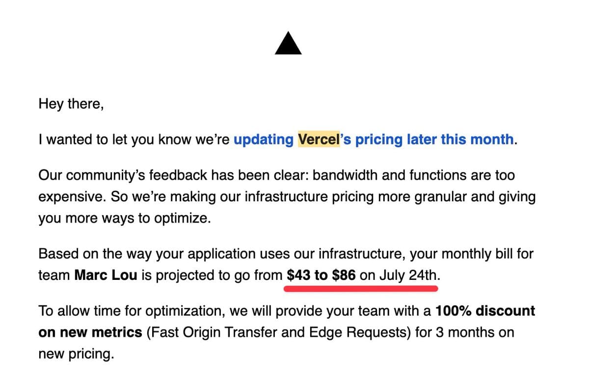 Vercel: our pricing is too high Also Vercel: let's double your monthly bill Did I miss something?