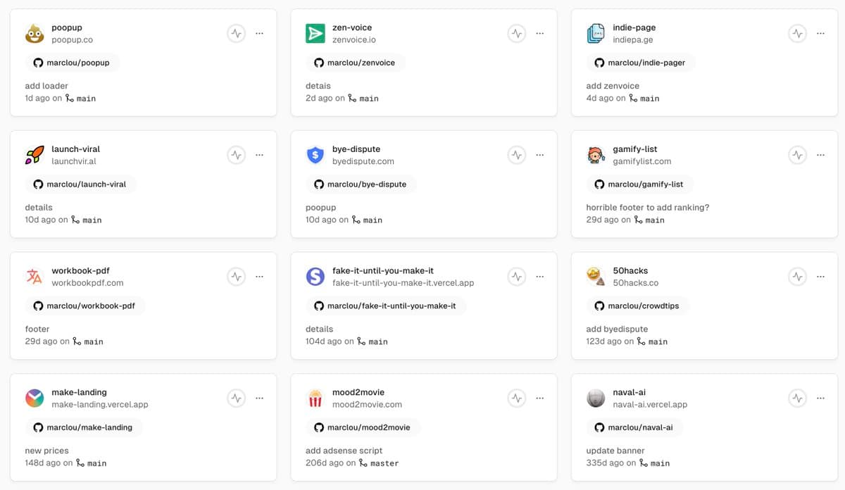 3. Hosting I host my 21 apps on Vercel ($20/month). I push changes to a GitHub repo and it automatically deploys them.