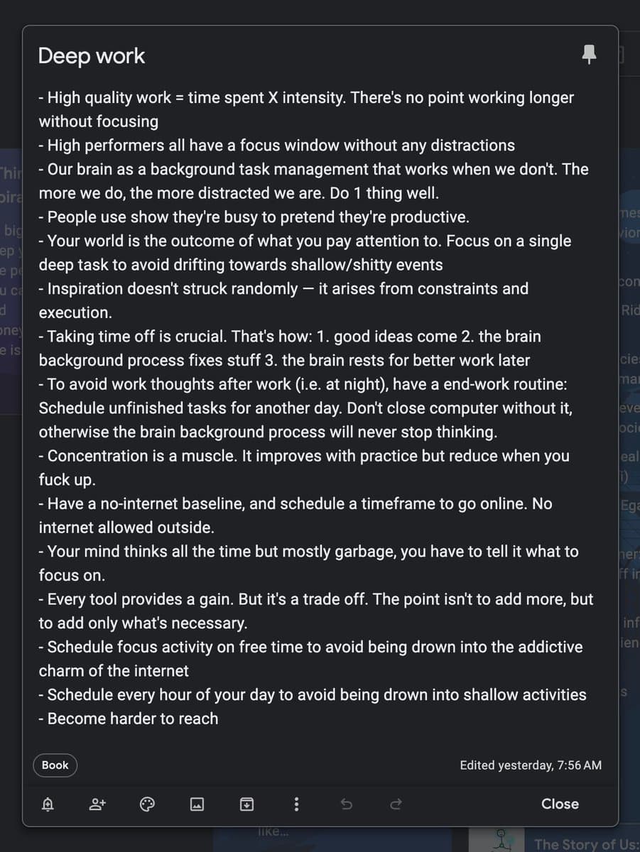 I just finished Deep Work π A great remember to work offline for X hours/day My takeaways (right)
