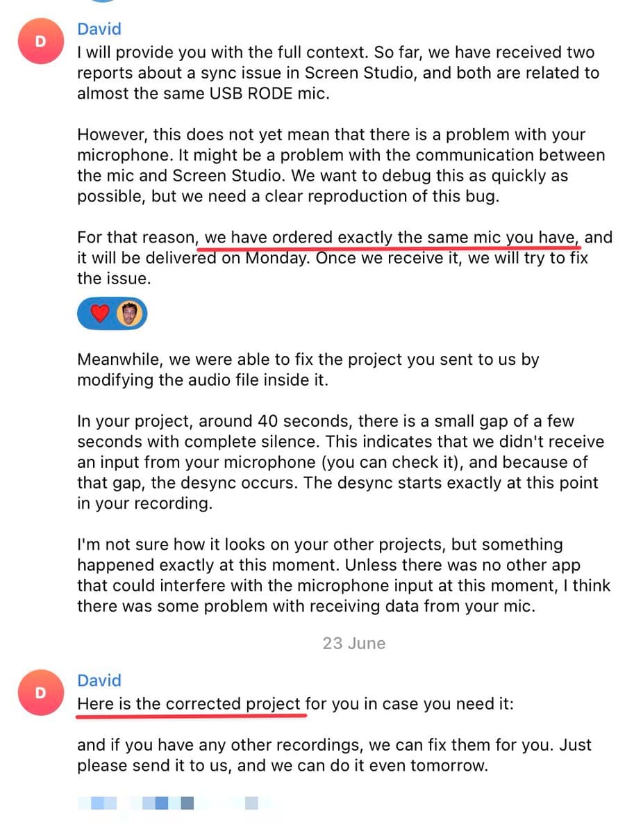 Man I love @screenstudio There was a bug and the video wasn't synced with the sound. So the support team purchased the…