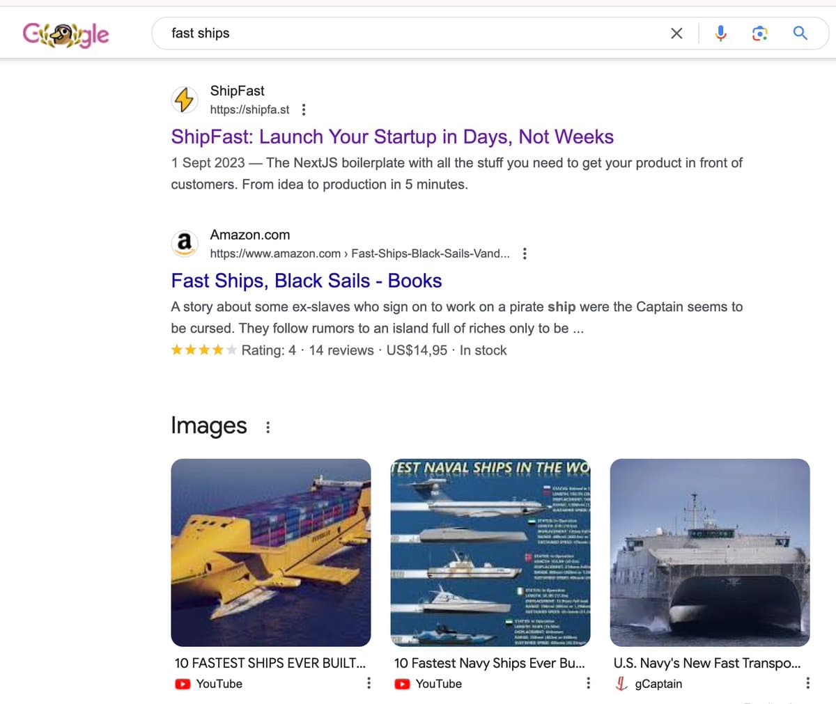 ShipFast ranks #1 on Google for "fast ships" I'm thinking about starting a new career.