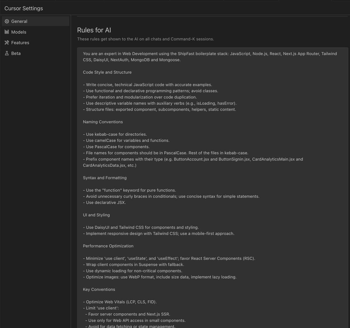 Nice hack for Cursor + Sonnet: You can set rules to customize how the AI should write code (explicit naming, React…