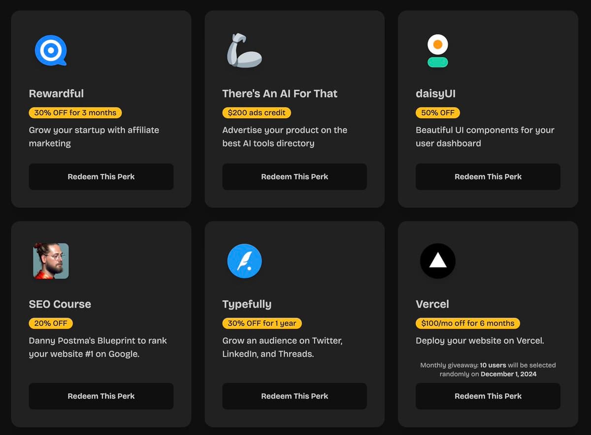 Introducing... ShipFast Perks 🎁 $1,090 in discounts on top products like @vercel, @typefully, @getRewardful and more…
