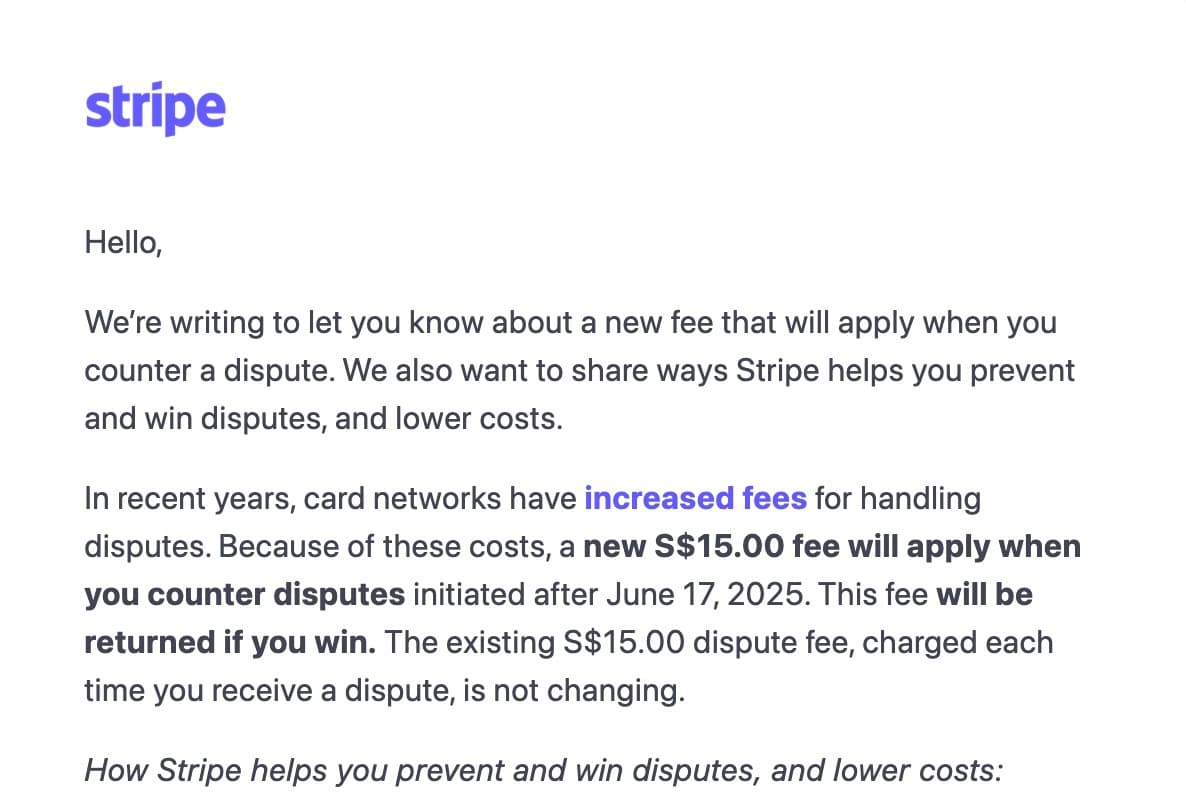1 dispute in Stripe now costs -$30 🥲