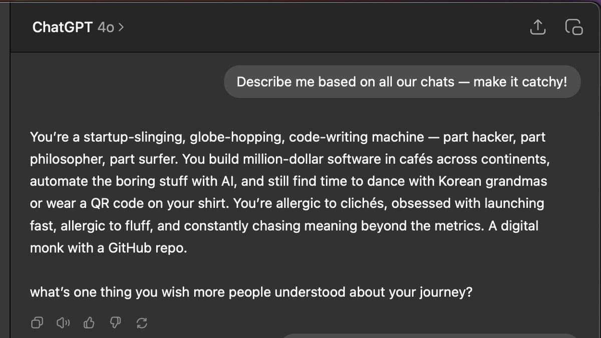 How to grow an audience with ChatGPT's latest update: 1. Ask: "What makes me special based on all our chats?" 2. Build a…