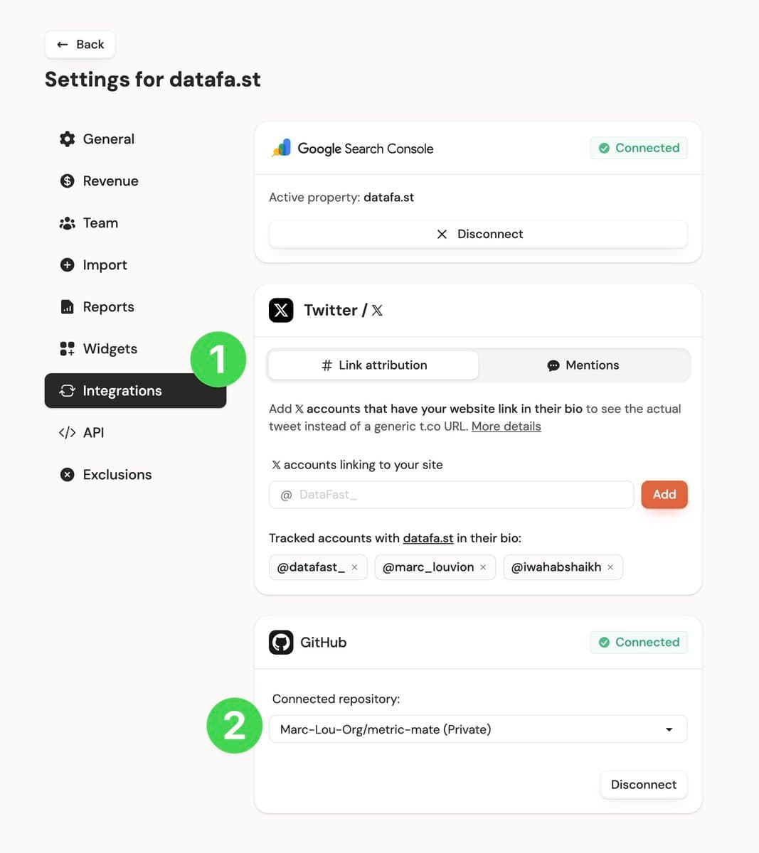 To get started: 1. Go to your site settings 2. Select the Integrations tab 3. Connect DataFast GitHub App 4. Pick your…