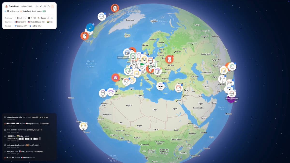 I'll get fired for this: 1. Sign up for a 14-day free trial on DataFast 2. Make a screenshot/video of the map 3. Use it…