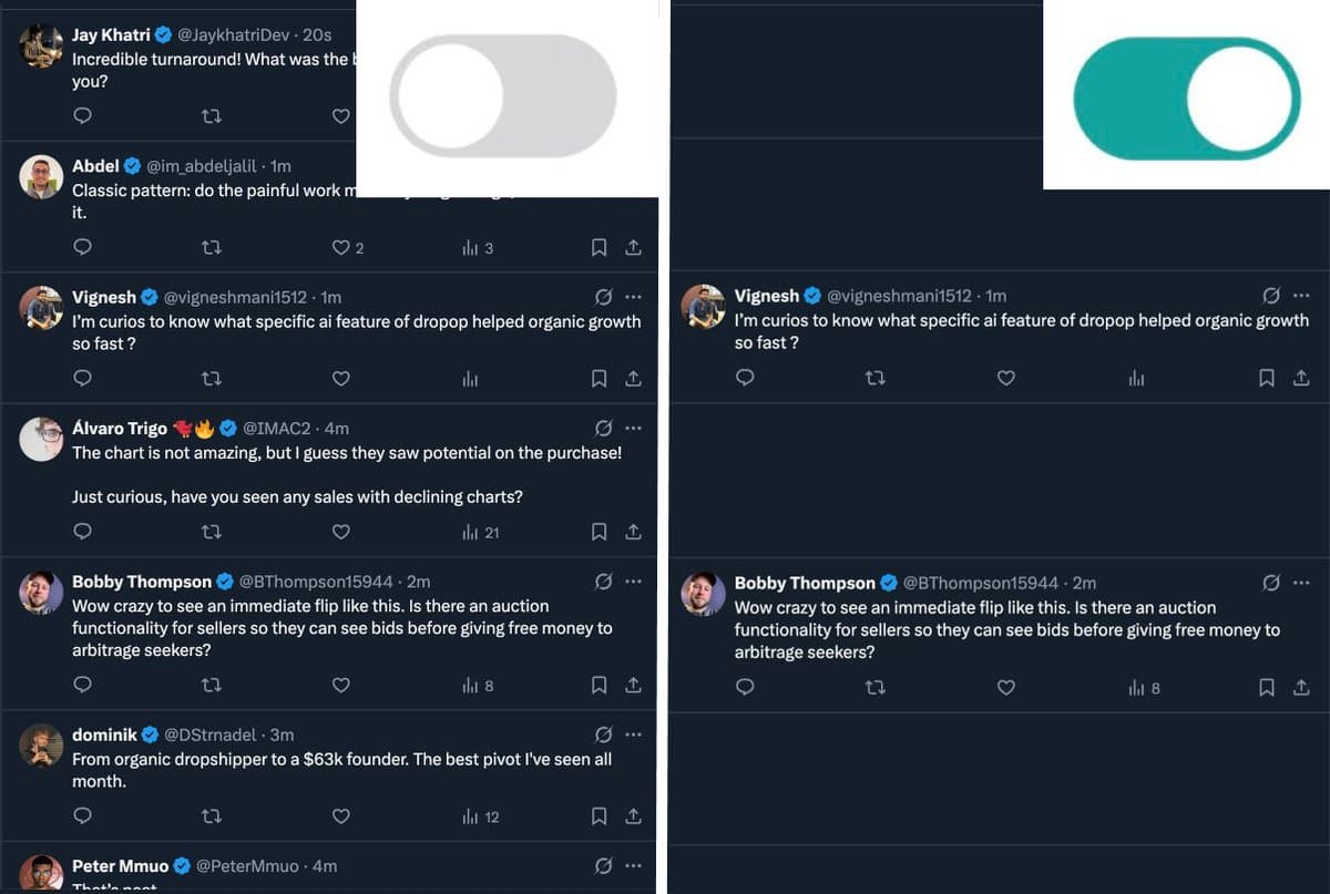 App idea: Chrome plugin that hides AI replies. It analyzes each reply, scores them from 1 to 10, and allows me to set a…