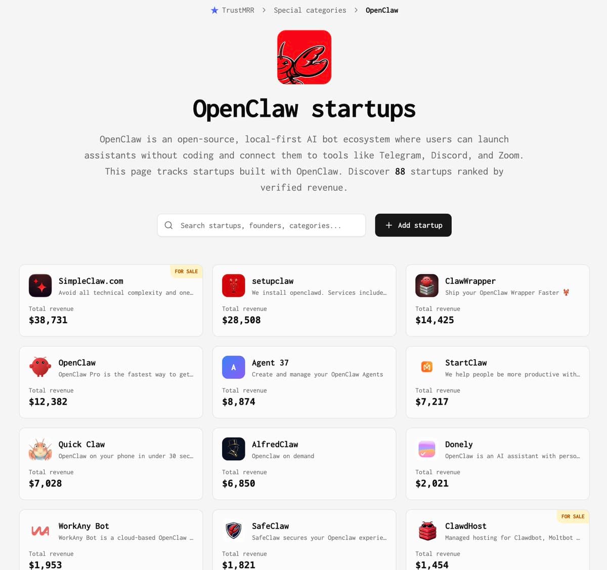 88 verified OpenClaw startups are listed on TrustMRR and 50+ are profitable. trustmrr.com/special-catego…