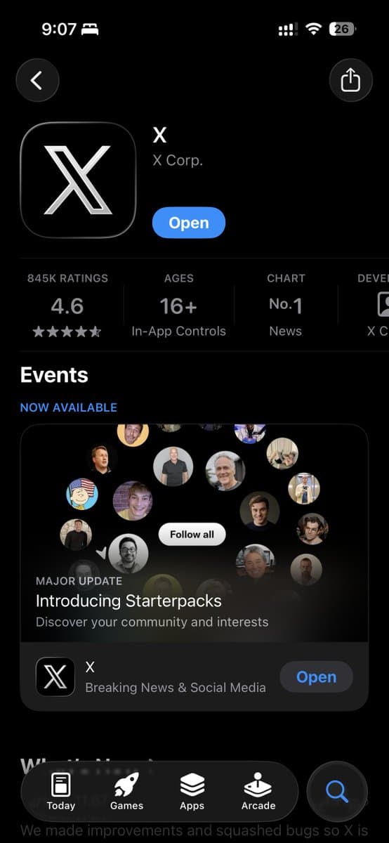 X's app store page needed two refreshes to update