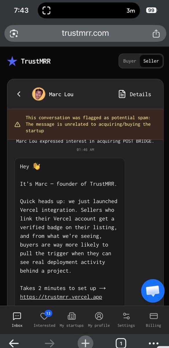 My friend @jackfriks told me he received a message from someone running a phishing scam on TrustMRR. My security filter…